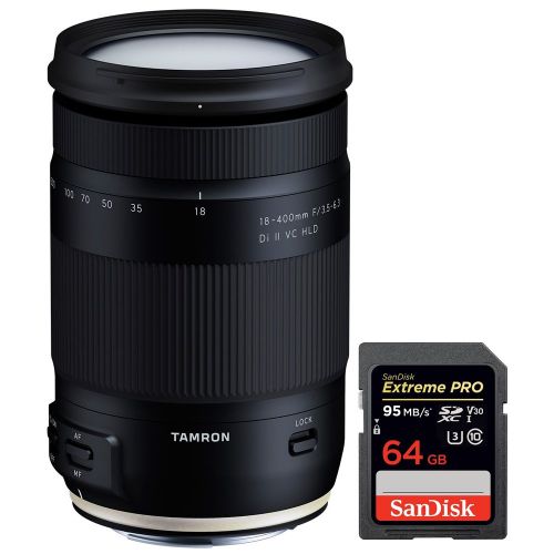 탐론 Tamron 18-400mm f3.5-6.3 Di II VC HLD All-In-One Zoom Lens for Canon Mount (AFB028C-700) with Sandisk Extreme PRO SDXC 64GB UHS-1 Memory Card