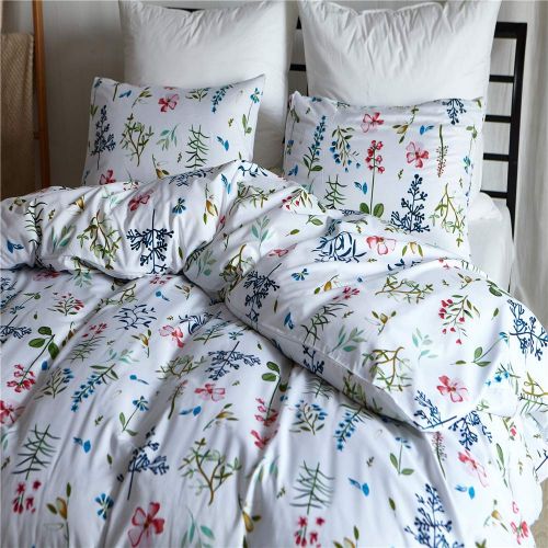  TanNicoor Floral Duvet Cover Set,Hypoallergenic Microfiber Bedding Set, Botanical Flowers and Green branches Pattern Printed on White,Teens Boys Girls Comforter Cover Zipper Closur