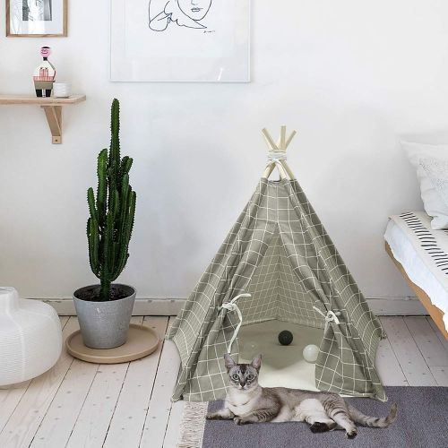  Tanen Tech Pet Teepee Tent for Dogs Puppy Cat Bed Portable White Canvas Dog Cute House Indoor Outdoor Tent Small Medium Pet Teepee with Floor Mat 24inch Pet Teepee by Tanen