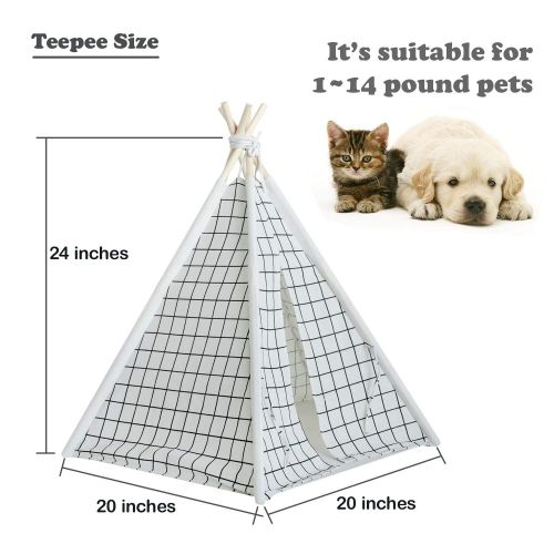  Tanen Tech Pet Teepee Tent for Dogs Puppy Cat Bed Portable White Canvas Dog Cute House Indoor Outdoor Tent Small Medium Pet Teepee with Floor Mat 24inch Pet Teepee by Tanen