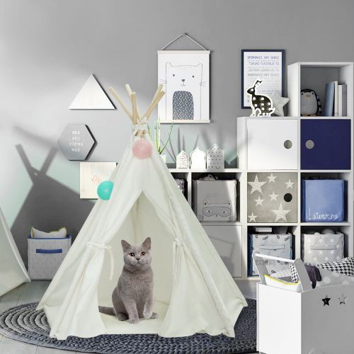  Tanen Tech Pet Teepee Tent for Dogs Puppy Cat Bed Portable White Canvas Dog Cute House Indoor Outdoor Tent Small Medium Pet Teepee with Floor Mat 24inch Pet Teepee by Tanen