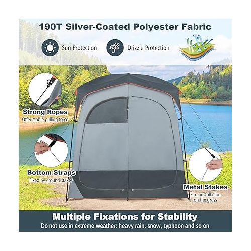  Tangkula Double Room Shower Tent, Oversize Space Privacy Tent with Floor, Removable Rain Fly, Inside Pocket, Clothesline, Top Hook, Portable Outdoor Changing Tent for Dressing, Camping, Toilet