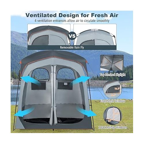  Tangkula Double Room Shower Tent, Oversize Space Privacy Tent with Floor, Removable Rain Fly, Inside Pocket, Clothesline, Top Hook, Portable Outdoor Changing Tent for Dressing, Camping, Toilet