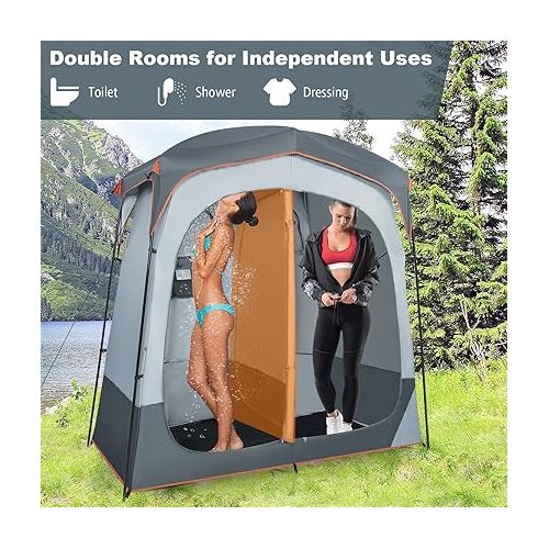  Tangkula Double Room Shower Tent, Oversize Space Privacy Tent with Floor, Removable Rain Fly, Inside Pocket, Clothesline, Top Hook, Portable Outdoor Changing Tent for Dressing, Camping, Toilet