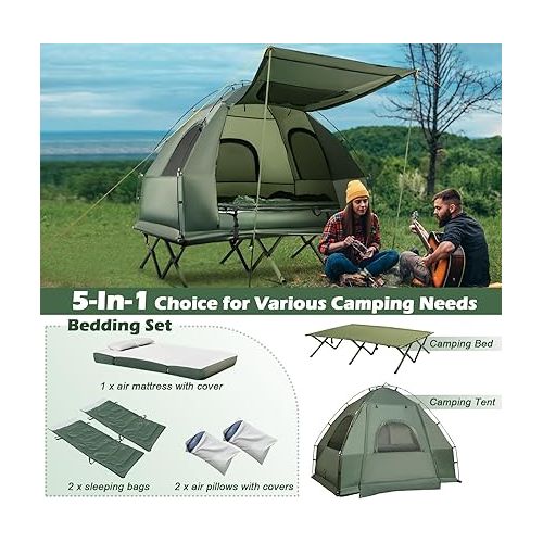  Tangkula 5-in-1 Tent Cot, Camping Tent Combo with Awning, Air Mattress, Sleeping Bag, Air Pillow, Camping Cot, Elevated Single Cot Tent with Carrying Bag for Outdoor Hiking, Picnic, Travel