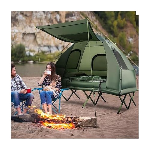  Tangkula 5-in-1 Tent Cot, Camping Tent Combo with Awning, Air Mattress, Sleeping Bag, Air Pillow, Camping Cot, Elevated Single Cot Tent with Carrying Bag for Outdoor Hiking, Picnic, Travel