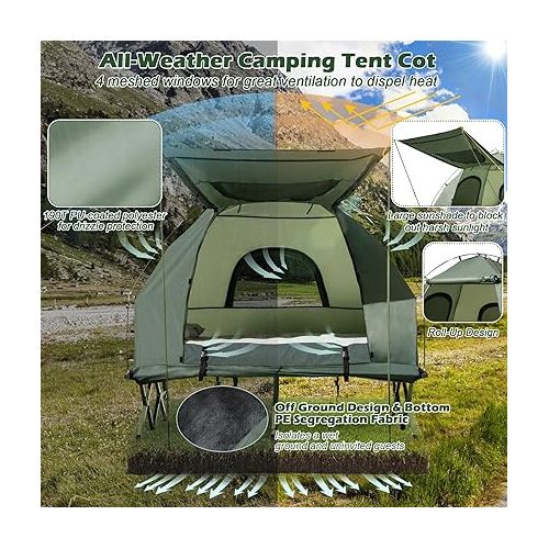  Tangkula 5-in-1 Tent Cot, Camping Tent Combo with Awning, Air Mattress, Sleeping Bag, Air Pillow, Camping Cot, Elevated Single Cot Tent with Carrying Bag for Outdoor Hiking, Picnic, Travel