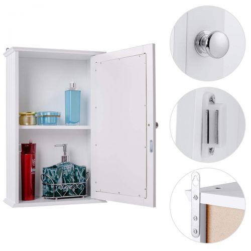  Tangkula TANGKULA Mirrored Bathroom Cabinet Wall Mount Storage Cabinet Single Doors Medicine Cabinet White (White 21)