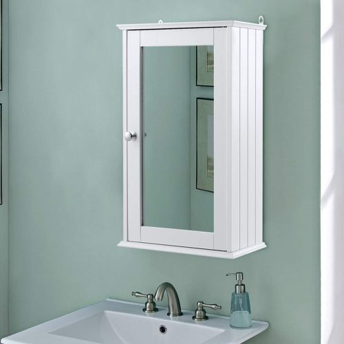  Tangkula TANGKULA Mirrored Bathroom Cabinet Wall Mount Storage Cabinet Single Doors Medicine Cabinet White (White 21)