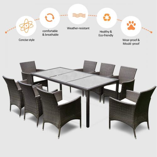  Tangkula 9PCS Patio Wicker Furniture Set Outdoor Garden Modern Wicker Rattan Dining Table Chairs Conversation Set with Cushions, Brown (9 PCS)