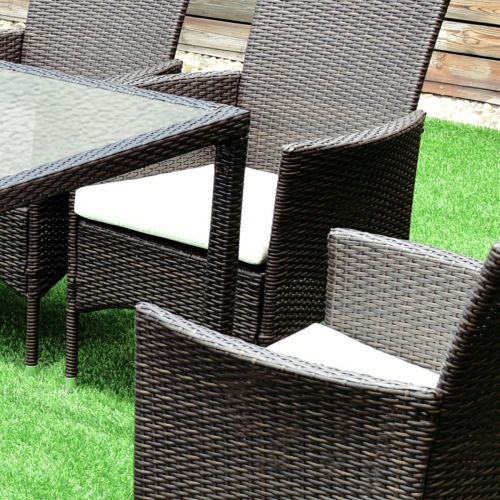  Tangkula 9PCS Patio Wicker Furniture Set Outdoor Garden Modern Wicker Rattan Dining Table Chairs Conversation Set with Cushions, Brown (9 PCS)