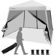 Tangkula 10x10 Ft Pop Up Canopy with Netting, Slanted Leg Outdoor Canopy with Roller Bag, 4 Sand Bags, 8 Stakes, 4 Ropes, Instant Canopy Tent with Easy Set-up Center Lock for Patio (White)