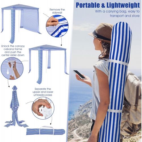  Tangkula 6.6 x 6.6 Foldable Beach Cabana, Easy Set-up Portable Beach Canopy w/ Carry Bag, Detachable Side Wall, 4 Sandbags, Wind Vent, Sun-Protection Outdoor Beach Shelter for Fami