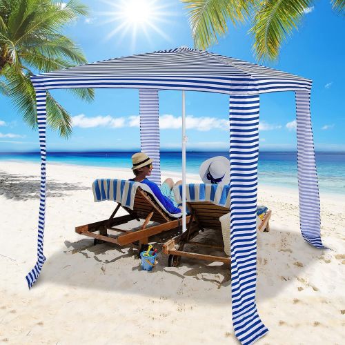  Tangkula 6.6 x 6.6 Foldable Beach Cabana, Easy Set-up Portable Beach Canopy w/ Carry Bag, Detachable Side Wall, 4 Sandbags, Wind Vent, Sun-Protection Outdoor Beach Shelter for Fami