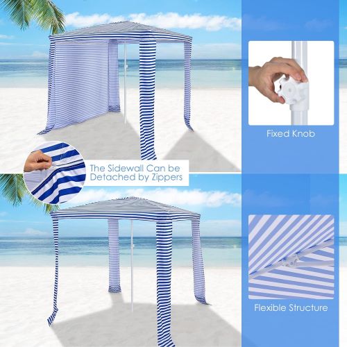  Tangkula 6.6 x 6.6 Foldable Beach Cabana, Easy Set-up Portable Beach Canopy w/ Carry Bag, Detachable Side Wall, 4 Sandbags, Wind Vent, Sun-Protection Outdoor Beach Shelter for Fami