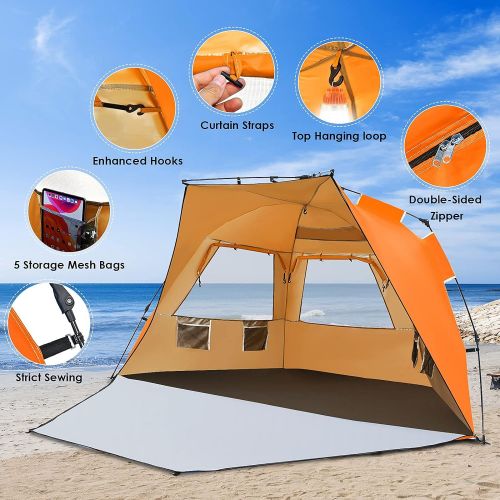  Tangkula 3-4 Person Easy Pop Up Beach Tent, UPF 50+ Portable Sun Shelter w/ 3 Ventilation Windows, Zippered Front Porch, 4 Storage Pockets & Carrying Bag, Instant Beach Sun Shade w