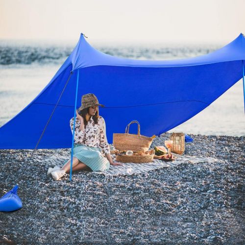  Tangkula Family Beach Sunshade, UPF50+ Sun Shade Tent with Aluminum Poles, 4 Sandbag Anchor and 4 Peg Stake, Lightweight but Heavy Duty Beach Canopy with Carry Bag