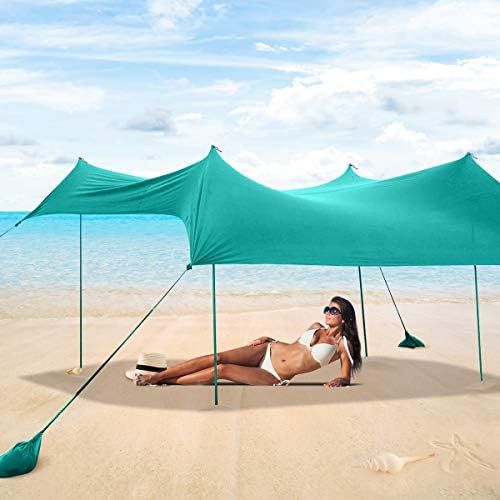  Tangkula Family Beach Sunshade, UPF50+ Sun Shade Tent with Aluminum Poles, 4 Sandbag Anchor and 4 Peg Stake, Lightweight but Heavy Duty Beach Canopy with Carry Bag