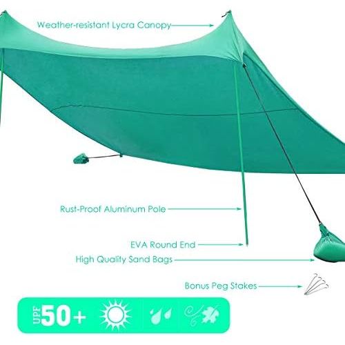  Tangkula Family Beach Sunshade, UPF50+ Sun Shade Tent with Aluminum Poles, 4 Sandbag Anchor and 4 Peg Stake, Lightweight but Heavy Duty Beach Canopy with Carry Bag