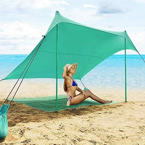  Tangkula Family Beach Sunshade, UPF50+ Sun Shade Tent with Aluminum Poles, 4 Sandbag Anchor and 4 Peg Stake, Lightweight but Heavy Duty Beach Canopy with Carry Bag