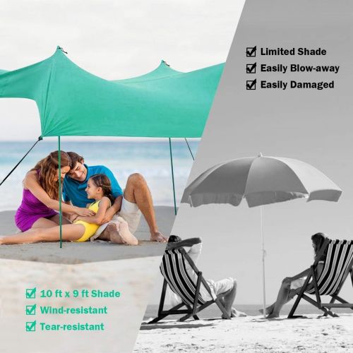  Tangkula Family Beach Sunshade, UPF50+ Sun Shade Tent with Aluminum Poles, 4 Sandbag Anchor and 4 Peg Stake, Lightweight but Heavy Duty Beach Canopy with Carry Bag