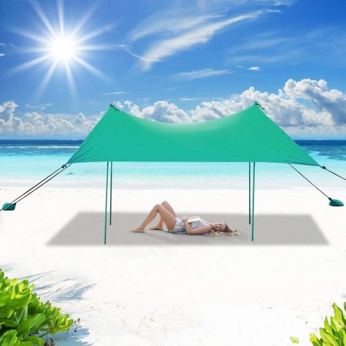  Tangkula Family Beach Sunshade, UPF50+ Sun Shade Tent with Aluminum Poles, 4 Sandbag Anchor and 4 Peg Stake, Lightweight but Heavy Duty Beach Canopy with Carry Bag