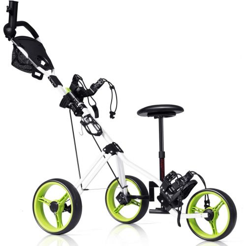  [아마존베스트]Tangkula Golf Push Cart, Foldable 3 Wheels Push Pull Cart, Lockable Golf Trolley with Seat Scoreboard Bag,Golf Push Cart