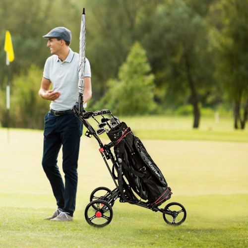  [아마존베스트]Tangkula Golf Push Cart, 3 Wheels Foldable Hand Cart, Easy Push and Pull Cart Trolley with Umbrella and Tee Holder, Quick Open and Close Golf Pull Cart