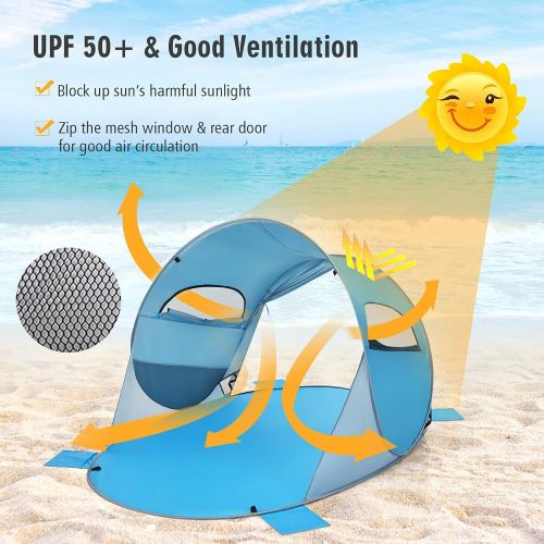  Tangkula UPF 50+ Easy Pop-Up Beach Tent, 3-4 Person Family Beach Shade Tent w/ Mesh Windows & Storage Pockets, 360-degree Ventilation Instant Beach Sun Shelter w/ Carry Bag for Out