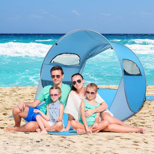  Tangkula UPF 50+ Easy Pop-Up Beach Tent, 3-4 Person Family Beach Shade Tent w/ Mesh Windows & Storage Pockets, 360-degree Ventilation Instant Beach Sun Shelter w/ Carry Bag for Out