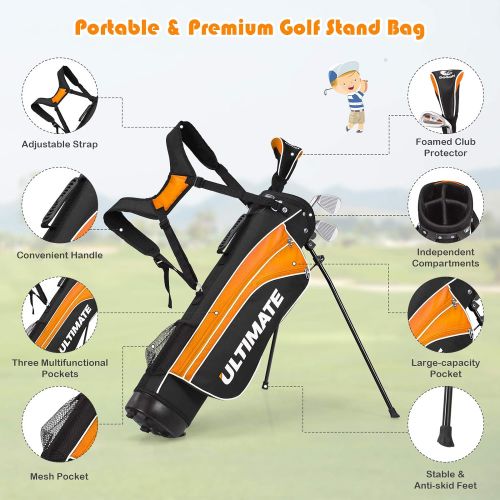  Tangkula Junior Complete Golf Club Set for Children Right Hand, Includes 3# Fairway Wood, 7# & 9# Irons, Putter, Head Cover, Golf Stand Bag, Perfect for Children, Kids
