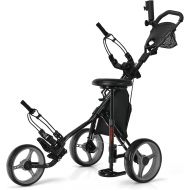 Tangkula Golf Push Pull Cart with Seat, Lightweight Foldable Collapsible 3 Wheels Golf Push Cart, Golf Trolley with Foot Brake, Adjustable Umbrella Holder & Seat, 4 Height Position