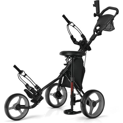  Tangkula Golf Push Pull Cart with Seat, Lightweight Foldable Collapsible 3 Wheels Golf Push Cart, Golf Trolley with Foot Brake, Adjustable Umbrella Holder & Seat, 4 Height Position