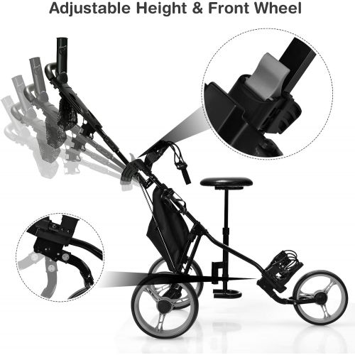  Tangkula Golf Push Pull Cart with Seat, Lightweight Foldable Collapsible 3 Wheels Golf Push Cart, Golf Trolley with Foot Brake, Adjustable Umbrella Holder & Seat, 4 Height Position