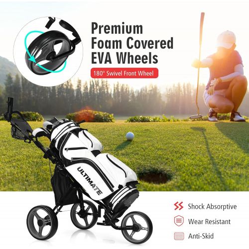  Tangkula Golf Push Pull Cart with Seat, Lightweight Foldable Collapsible 3 Wheels Golf Push Cart, Golf Trolley with Foot Brake, Adjustable Umbrella Holder & Seat, 4 Height Position