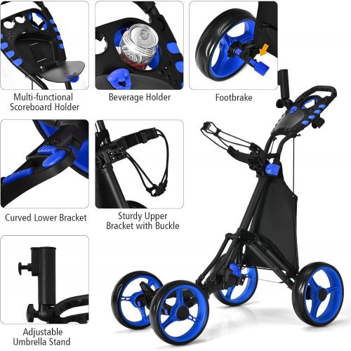  Tangkula Golf Push Pull Cart, Lightweight Aluminum Collapsible 4 Wheels Golf Push Cart, Golf Trolley with Foot Brake, Free Cup Holder & Umbrella Holder, Height-Adjustable Handle