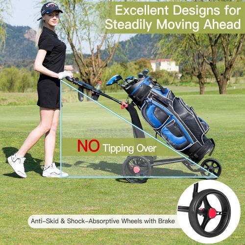  Tangkula Golf Push Cart, Lightweight Collapsible Golf Pull Cart, 3 Wheels Golf Trolley with Foot Brake Umbrella Holder & Cup Holder, Adjustable Handle and Storage Bag