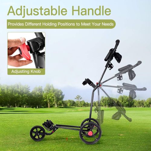  Tangkula Golf Push Cart, Lightweight Collapsible Golf Pull Cart, 3 Wheels Golf Trolley with Foot Brake Umbrella Holder & Cup Holder, Adjustable Handle and Storage Bag