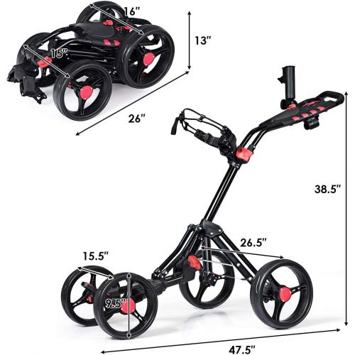  Tangkula Golf Push Pull Cart, Lightweight Aluminum Collapsible 4 Wheels Golf Push Cart, Golf Trolley with Foot Brake, Free Cup Holder & Umbrella Holder, Height-Adjustable Handle