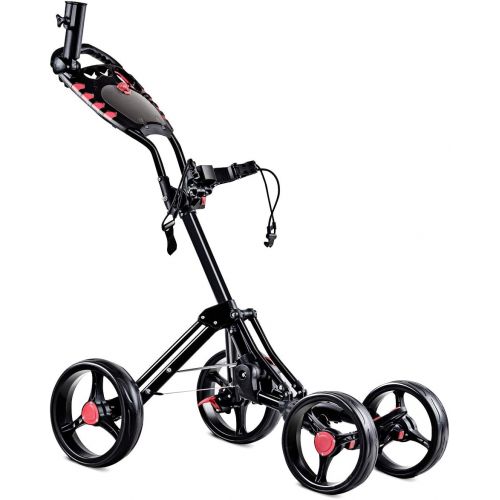  Tangkula Golf Push Pull Cart, Lightweight Aluminum Collapsible 4 Wheels Golf Push Cart, Golf Trolley with Foot Brake, Free Cup Holder & Umbrella Holder, Height-Adjustable Handle