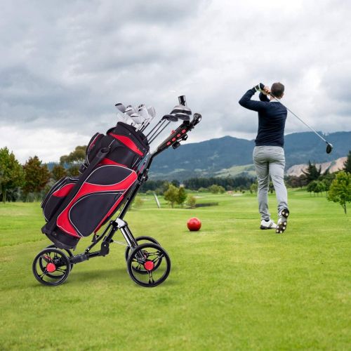  Tangkula Golf Push Pull Cart, Lightweight Aluminum Collapsible 4 Wheels Golf Push Cart, Golf Trolley with Foot Brake, Free Cup Holder & Umbrella Holder, Height-Adjustable Handle