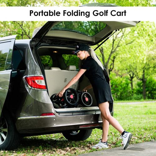  Tangkula Golf Push Pull Cart, Lightweight Aluminum Collapsible 4 Wheels Golf Push Cart, Golf Trolley with Foot Brake, Free Cup Holder & Umbrella Holder, Height-Adjustable Handle