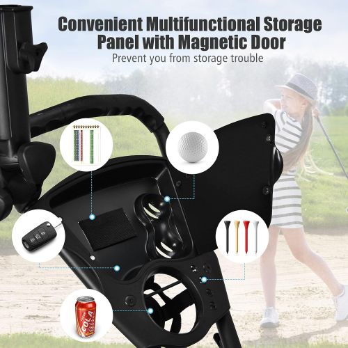  Tangkula Golf Push Pull Cart, Lightweight Aluminum Collapsible 3 Wheels Golf Push Cart, Golf Trolley with Elastic Strap, Umbrella & Cup Holder, Scoreboard Storage & Foot Brake, Gol