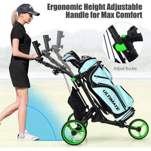  Tangkula Golf Push Pull Cart, Lightweight Aluminum Collapsible 3 Wheels Golf Push Cart, Golf Trolley with Elastic Strap, Umbrella & Cup Holder, Scoreboard Storage & Foot Brake, Gol