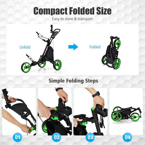  Tangkula Golf Push Pull Cart, Lightweight Aluminum Collapsible 3 Wheels Golf Push Cart, Golf Trolley with Elastic Strap, Umbrella & Cup Holder, Scoreboard Storage & Foot Brake, Gol