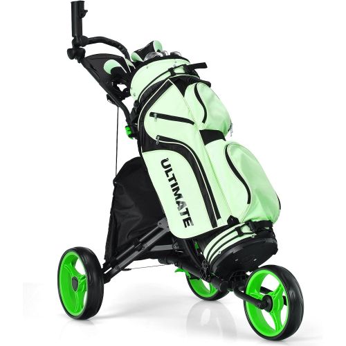  Tangkula Golf Push Pull Cart, Lightweight Aluminum Collapsible 3 Wheels Golf Push Cart, Golf Trolley with Elastic Strap, Umbrella & Cup Holder, Scoreboard Storage & Foot Brake, Gol
