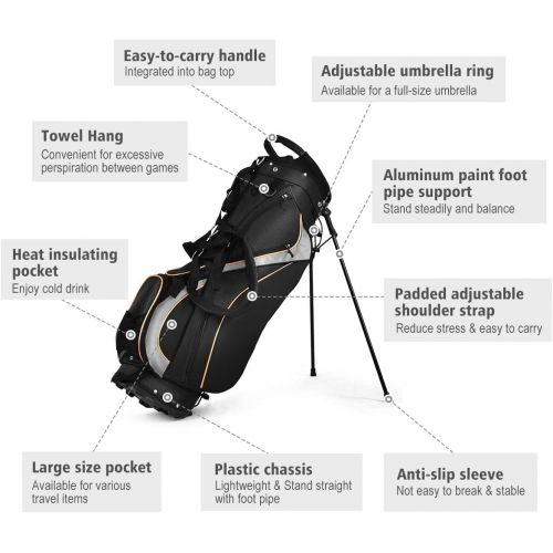  Tangkula Golf Stand Bag with 8 Way Divider, Portable Golf Bag with Waterproof Wear-Resistant Durable Fabric, Easy Carry Space Saving Womens Mens Golf Bag, Black