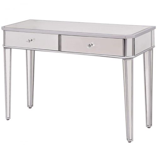  Tangkula Mirrored Makeup Table Desk Vanity for Women with 2 Drawers Home Office Smooth Silver Finish Vanity Dressing Table for Women Large Storage Drawers Writing Desk Modern Media