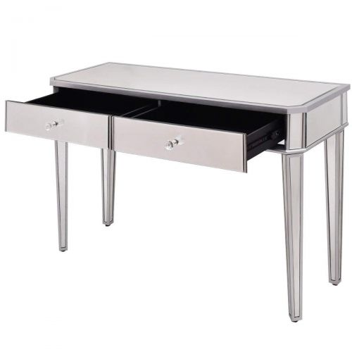  Tangkula Mirrored Makeup Table Desk Vanity for Women with 2 Drawers Home Office Smooth Silver Finish Vanity Dressing Table for Women Large Storage Drawers Writing Desk Modern Media