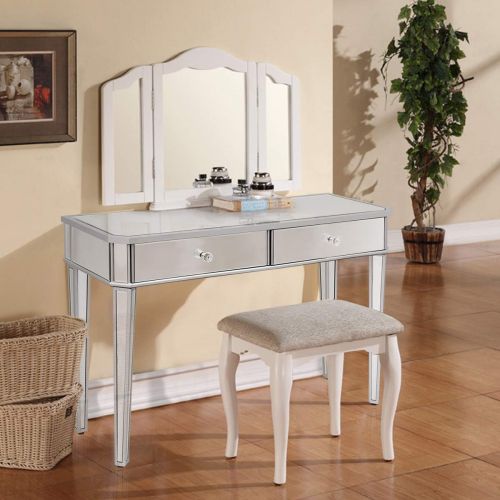  Tangkula Mirrored Makeup Table Desk Vanity for Women with 2 Drawers Home Office Smooth Silver Finish Vanity Dressing Table for Women Large Storage Drawers Writing Desk Modern Media